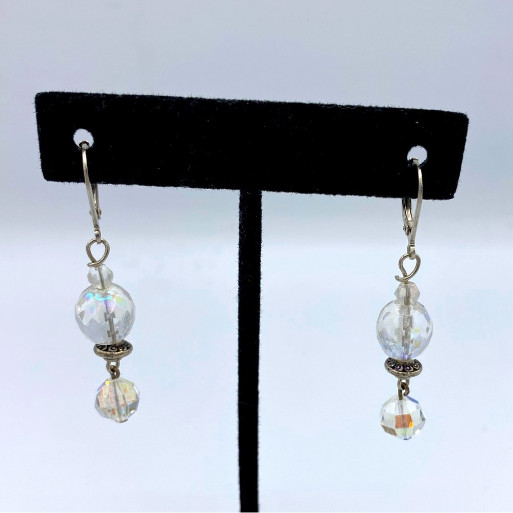 Hand Crafted Aurora Borealis Earrings with a Crystal Drop. Length 2”